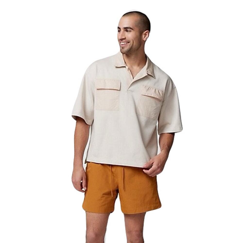 nwot STANDARD CLOTH Collard Shirt L Boxy Oversized Beige Flap-Pockets Short-Slv